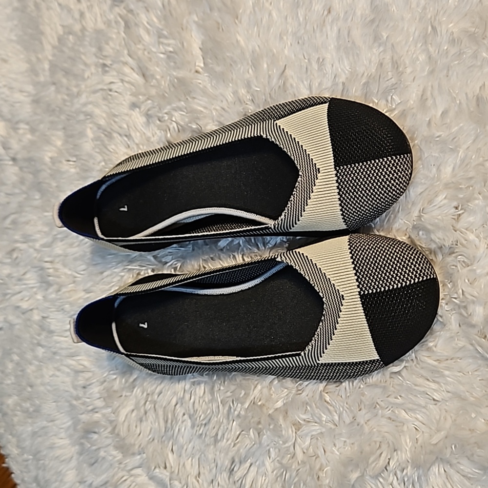 fRANK‎ Mully Flat Black & Cream Woven Pointed Toe Slip On Ballet Shoes Size 7
